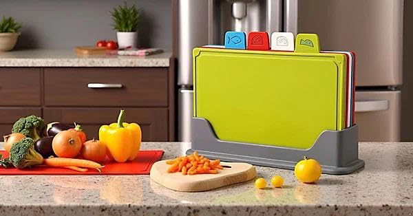 Downtown Color Coded Flexible Cutting Board Set with Storage Stand, 4 Piece Kitchen Boards for Meat Fish Vegetables and Bread