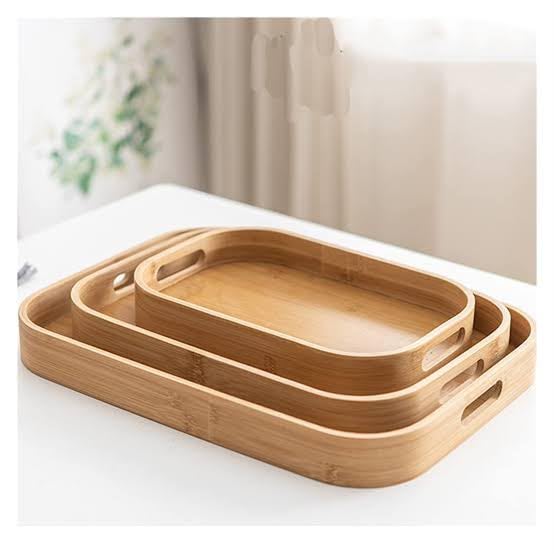 Downtown Bamboo Serving Tray Set of 3 with Handles, Natural Wood Finish
