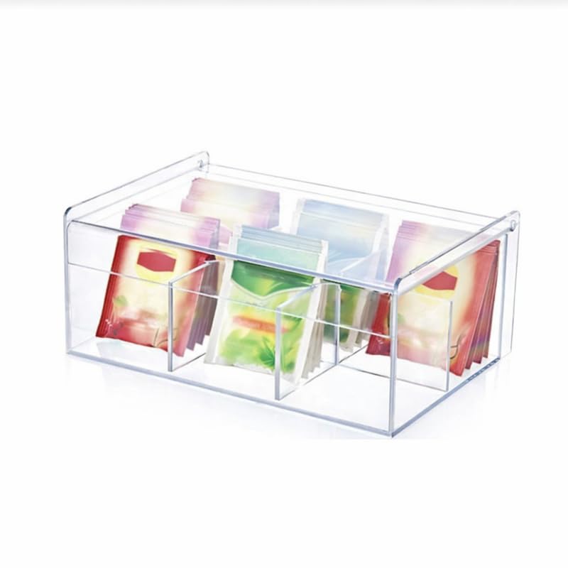 Downtown Acrylic Tea Bag Organizer Box with Lid 4 Compartment Clear Storage Container for Tea Bags Sugar Packets Coffee Pods Kitchen Counter Organizer