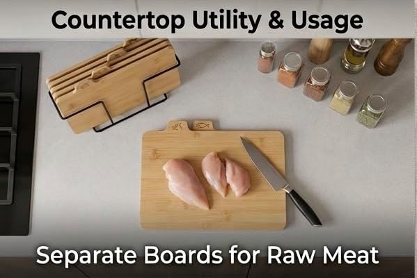 Downtown Bamboo Cutting Board Set, 4 Pieces with Metal Stand