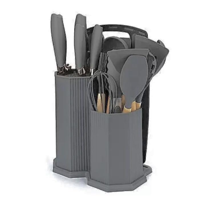 Downtown 19 Piece Kitchen Utensil Set with Knives, Scissors, Whisk, Tongs, Cutting Board and Holders, grey