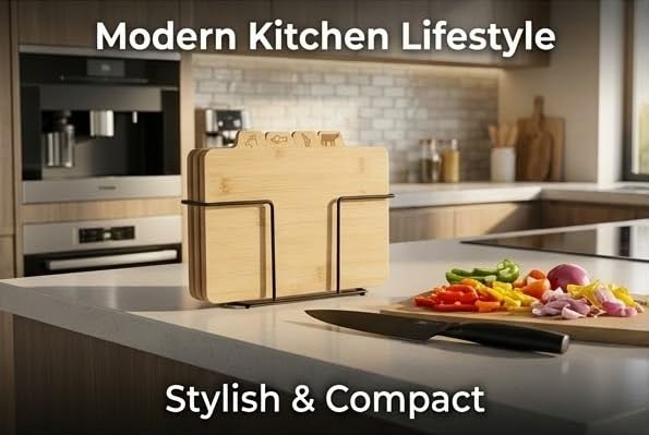 Downtown Bamboo Cutting Board Set, 4 Pieces with Metal Stand