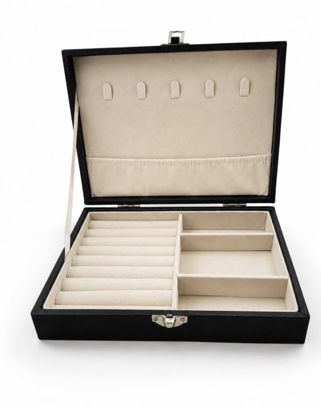 Downtown Luxury Jewelry Organizer Box, Black Storage Case with Necklace Holder Ring Tray Earring Compartments and Secure Clasp Closure