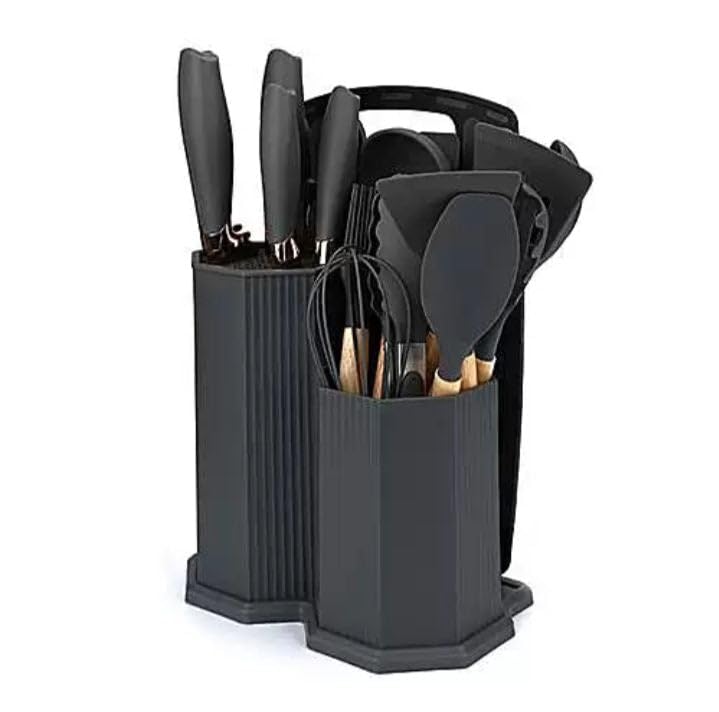Downtown 19-Piece Professional Kitchen Utensil and Knife Set, Black Non-Stick Tools with Scissors Whisk and Tongs, High-Quality All-In-One Kitchenware and Cutlery Set for Modern Kitchens