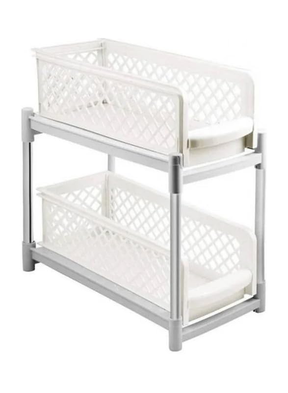 Downtown 2 Tier Sliding Basket Organizer Under Sink Storage Rack and Pull Out Cabinet Drawer for Kitchen and Bathroom White