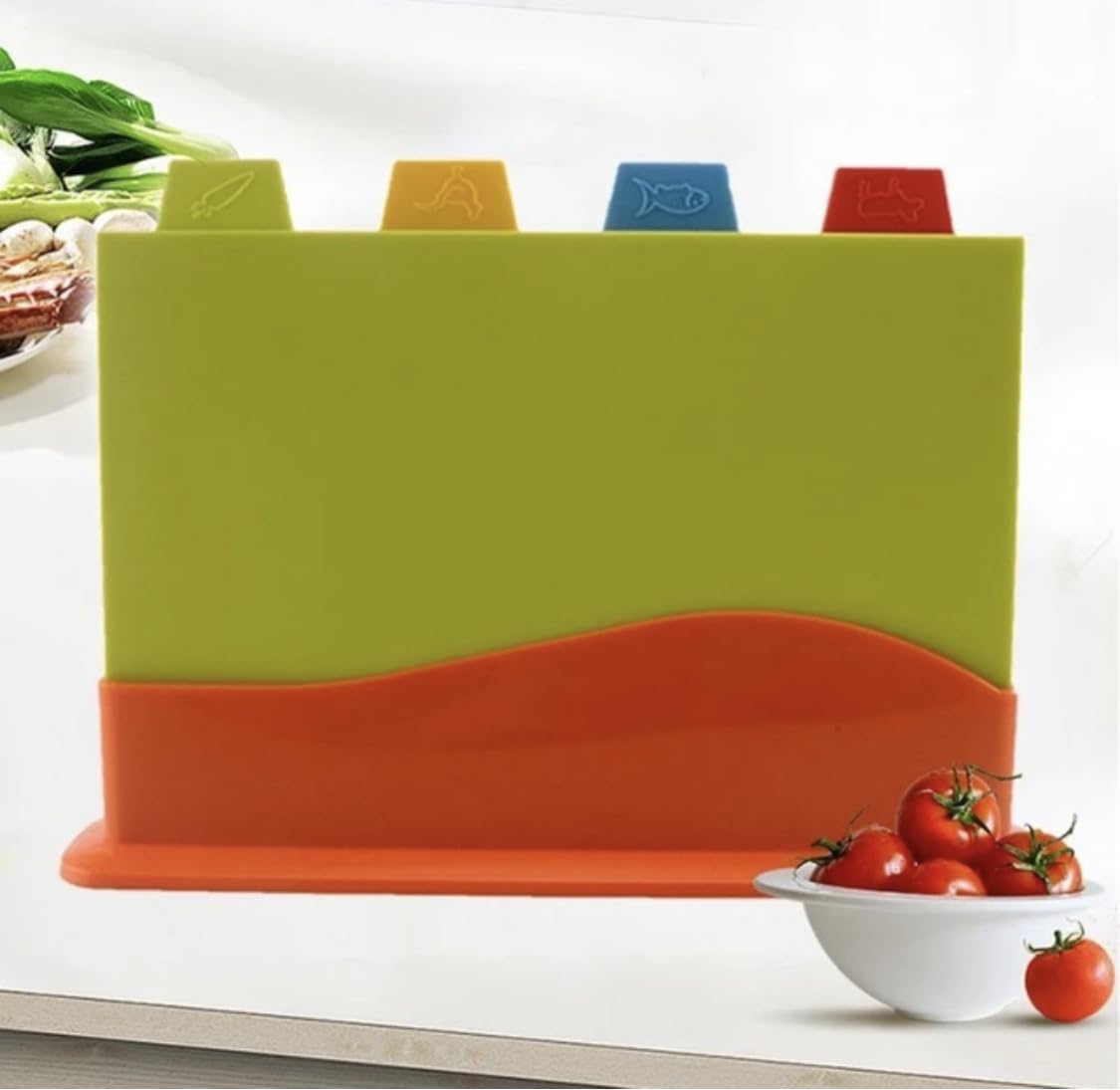 Downtown Set 4 Cutting Boards PP, each has logo poultry, meat, fish and vegetables storage rack (multicoloured)
