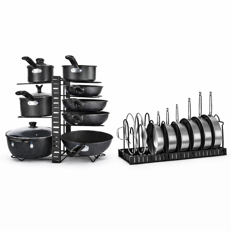 Downtown Adjustable Pot and Pan Organizer Rack Multi Tier Kitchen Cookware Holder for Cabinets Countertops or Upright Storage