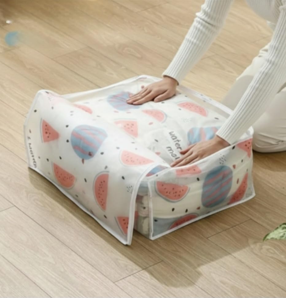 Downtown Large Capacity Foldable Storage Bag with Clear Window, Waterproof Clothes Organizer, White with Watermelon Print, Under Bed Storage Container for Home Organization