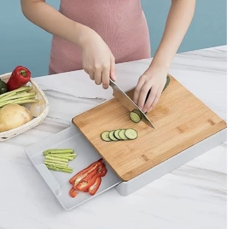 DOWNTOWN Cutting Board with Pull-Out Storage Tray – Multi-Function Chopping Board for Vegetables, Fruits & Meat-Wooden