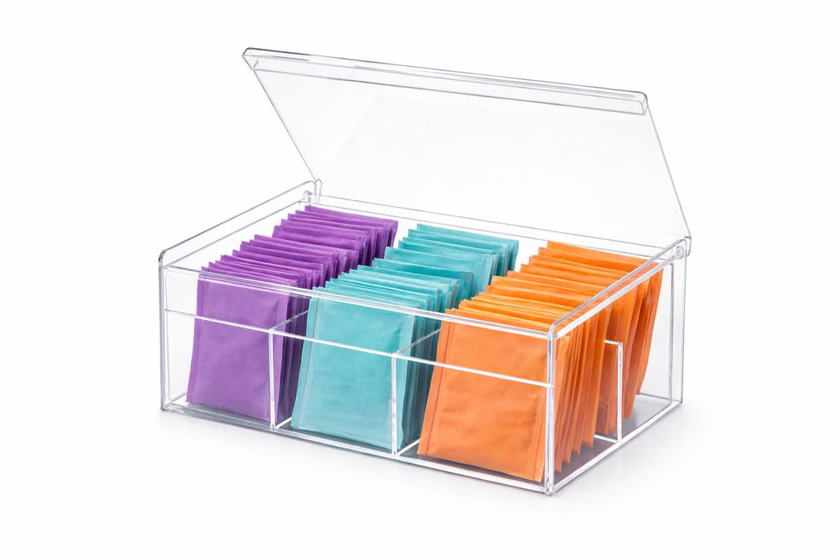 Downtown Acrylic Tea Bag Organizer Box with Lid 4 Compartment Clear Storage Container for Tea Bags Sugar Packets Coffee Pods Kitchen Counter Organizer