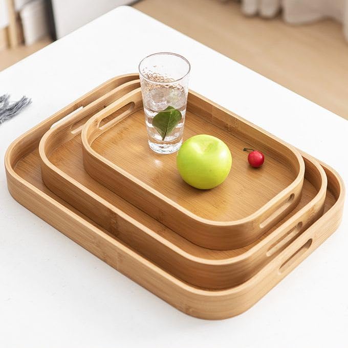 Downtown Bamboo Serving Tray Set of 3 with Handles, Natural Wood Finish