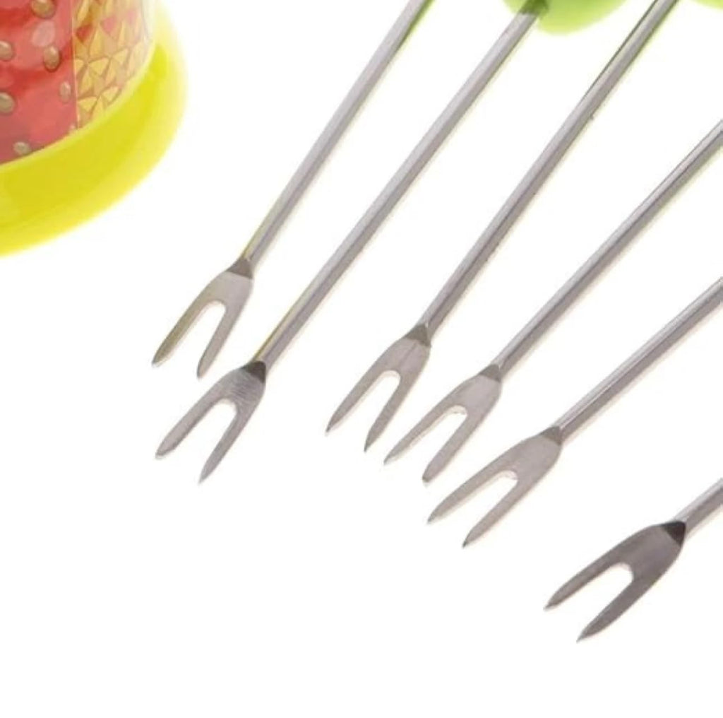 Downtown Mini Fruit Fork Set with Apple Design, 6 Piece Small Fruit Forks with Decorative Red Holder Stand for Fruits Salad Cheese Snacks and Dessert Serving