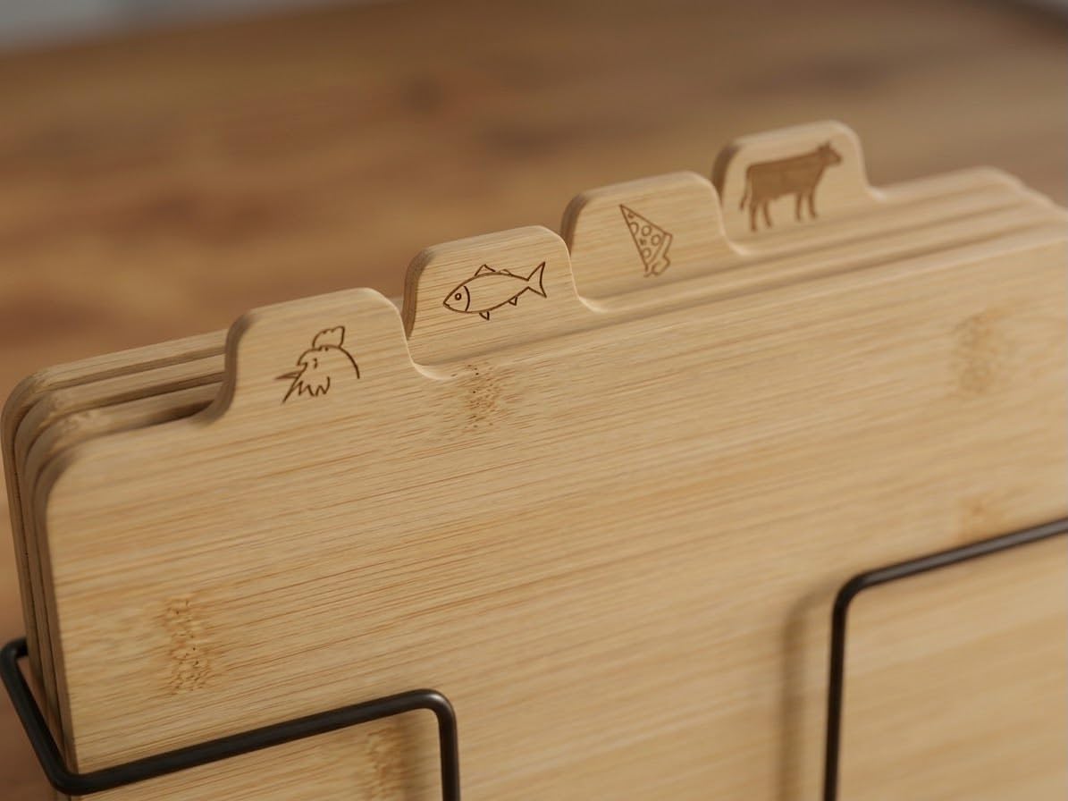 Downtown Bamboo Cutting Board Set, 4 Pieces with Metal Stand