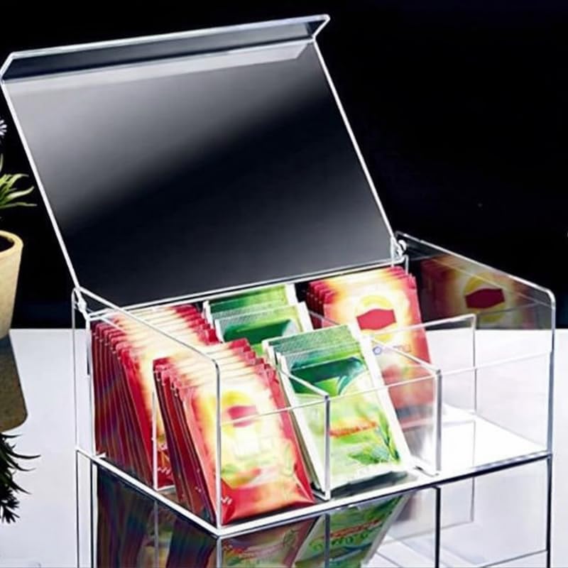 Downtown Acrylic Tea Bag Organizer Box with Lid 4 Compartment Clear Storage Container for Tea Bags Sugar Packets Coffee Pods Kitchen Counter Organizer