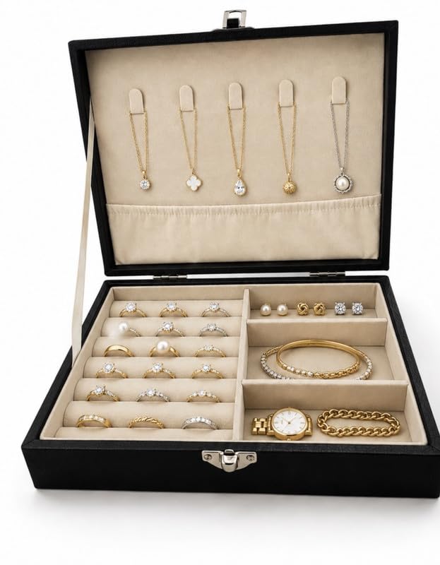 Downtown Luxury Jewelry Organizer Box, Black Storage Case with Necklace Holder Ring Tray Earring Compartments and Secure Clasp Closure
