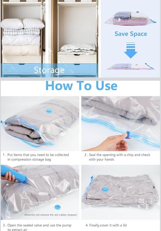 Downtown Vacuum Storage Bags Set Heavy Duty Space Saving Compression Bags for Clothes and Bedding with Manual Hand Pump Mixed Sizes