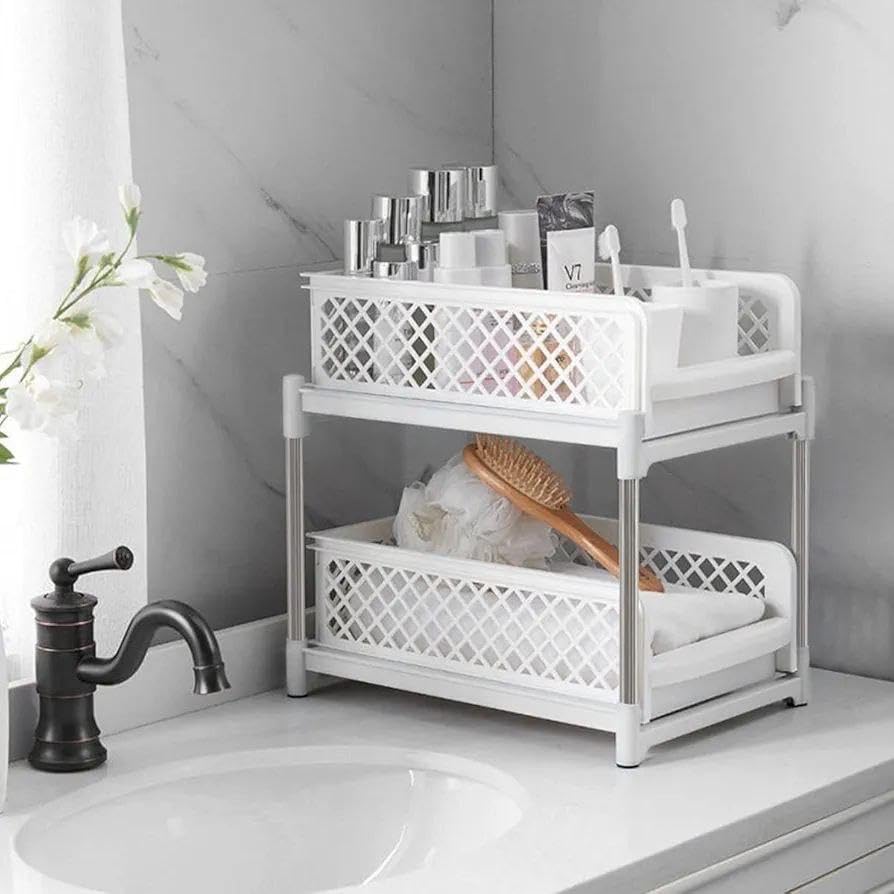 Downtown 2 Tier Sliding Basket Organizer Under Sink Storage Rack and Pull Out Cabinet Drawer for Kitchen and Bathroom White