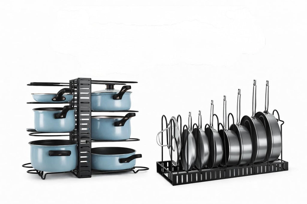 Downtown Adjustable Pot and Pan Organizer Rack Multi Tier Kitchen Cookware Holder for Cabinets Countertops or Upright Storage