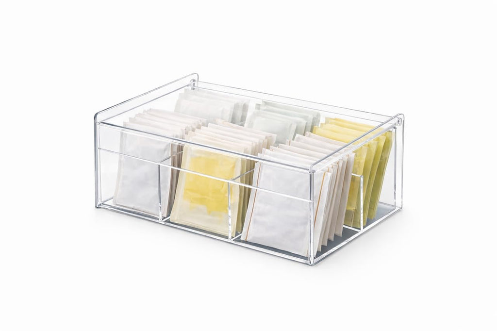 Downtown Acrylic Tea Bag Organizer Box with Lid 4 Compartment Clear Storage Container for Tea Bags Sugar Packets Coffee Pods Kitchen Counter Organizer