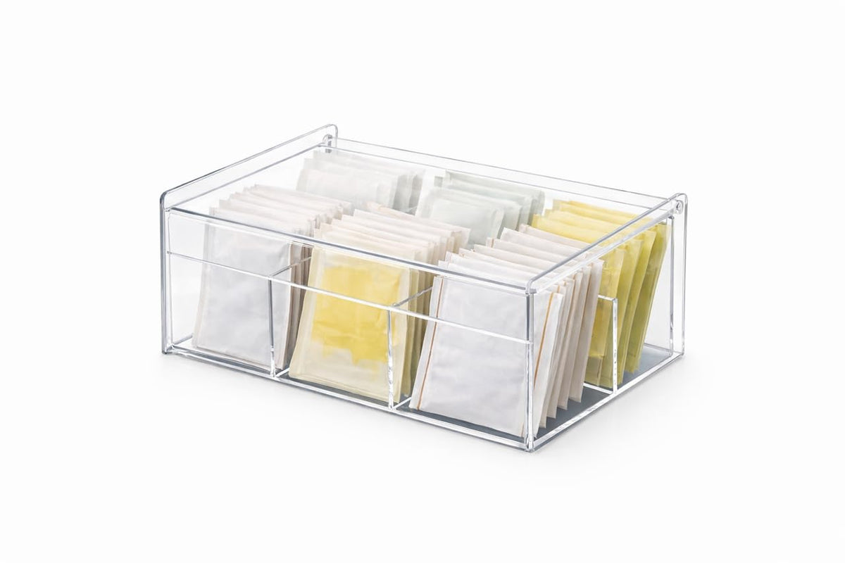 Downtown Acrylic Tea Bag Organizer Box with Lid 4 Compartment Clear Storage Container for Tea Bags Sugar Packets Coffee Pods Kitchen Counter Organizer