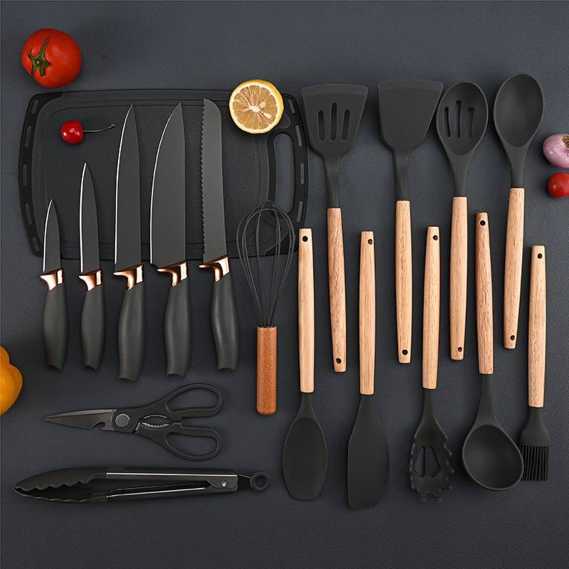 Downtown 19-Piece Professional Kitchen Utensil and Knife Set, Black Non-Stick Tools with Scissors Whisk and Tongs, High-Quality All-In-One Kitchenware and Cutlery Set for Modern Kitchens