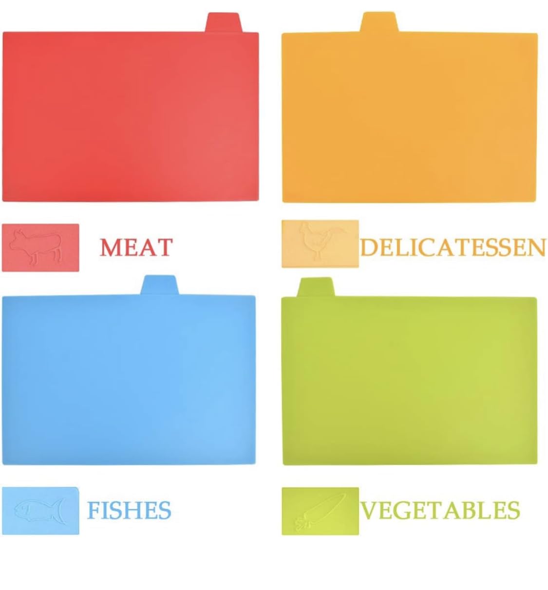 Downtown Set 4 Cutting Boards PP, each has logo poultry, meat, fish and vegetables storage rack (multicoloured)
