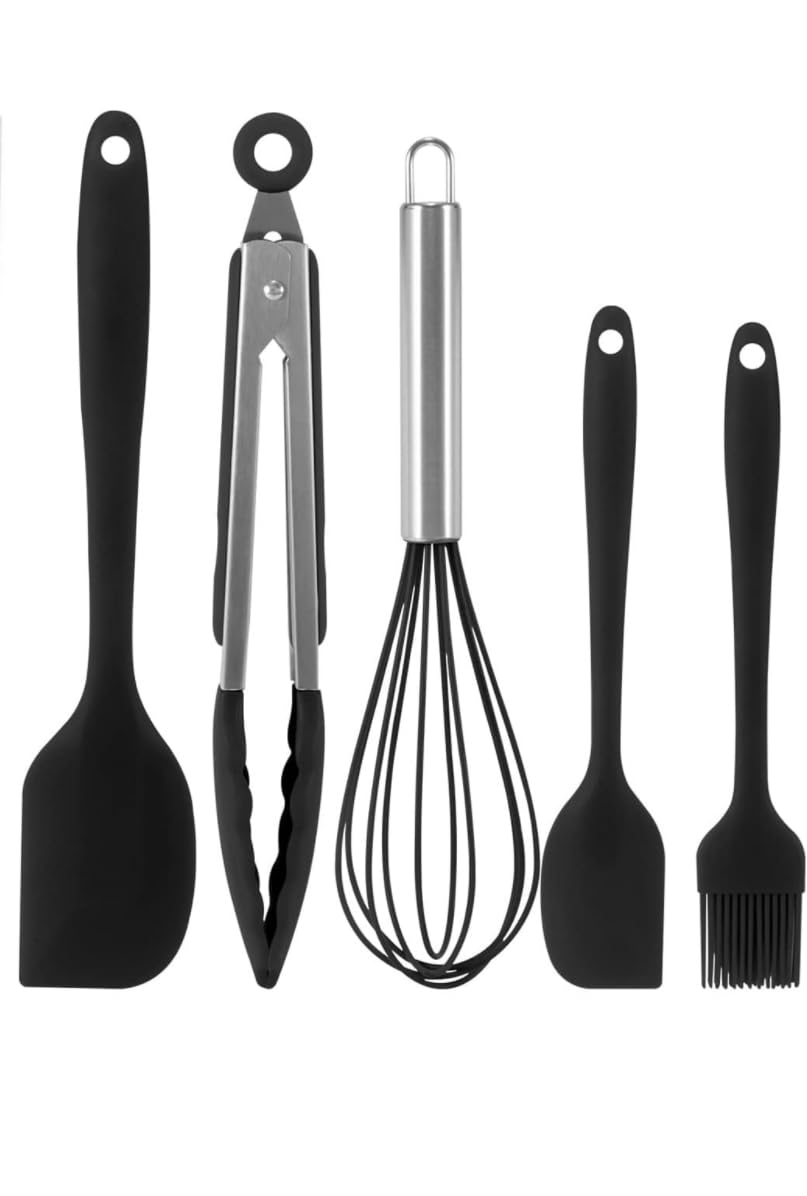 Downtown 5pcs black Cooking Utensils Set, Silicone Slotted Turner, Spatula Spoons for Cookware, Black Cooking Tools Set of 5 Pieces, Silicone Spatulas, Stirrer and Spatula, Mask and Brush