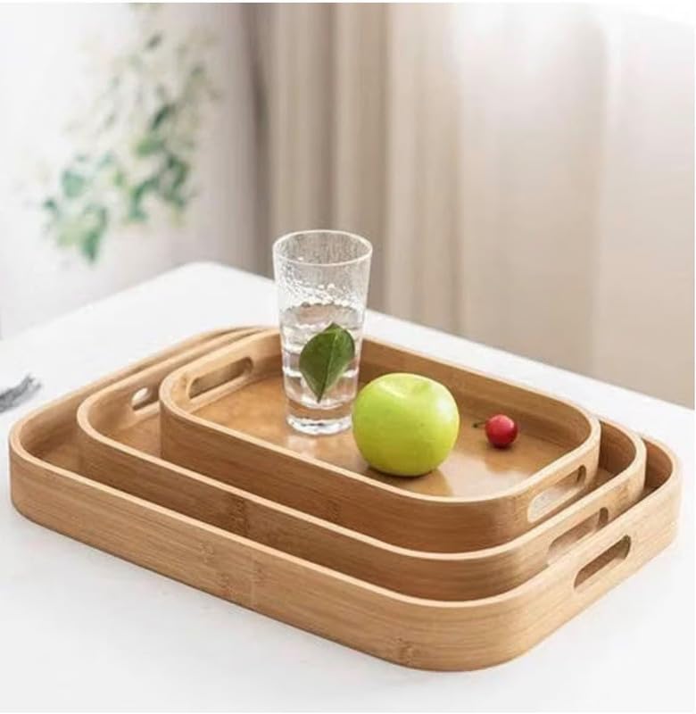 Downtown Bamboo Serving Tray Set of 3 with Handles, Natural Wood Finish