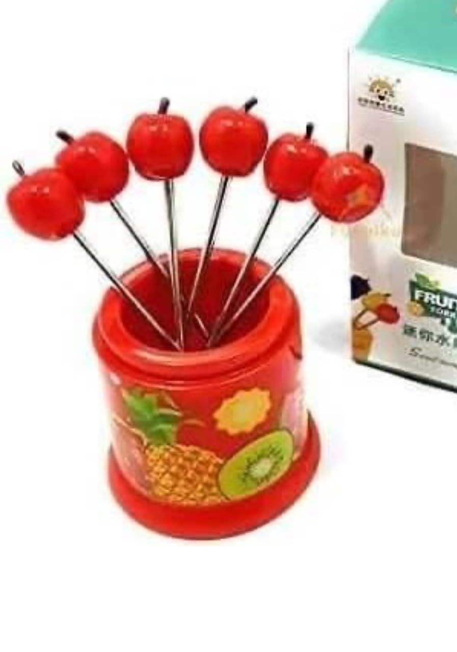 Downtown Mini Fruit Fork Set with Apple Design, 6 Piece Small Fruit Forks with Decorative Red Holder Stand for Fruits Salad Cheese Snacks and Dessert Serving