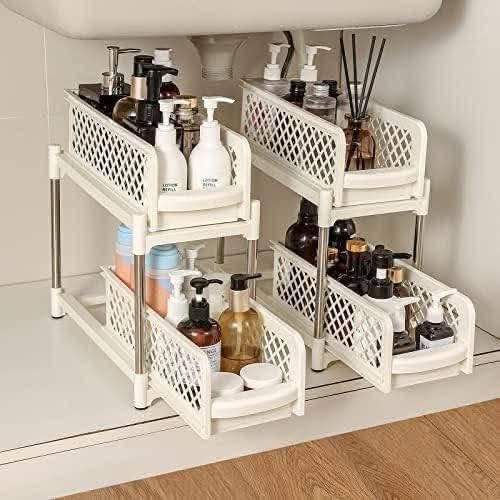Downtown 2 Tier Sliding Basket Organizer Under Sink Storage Rack and Pull Out Cabinet Drawer for Kitchen and Bathroom White