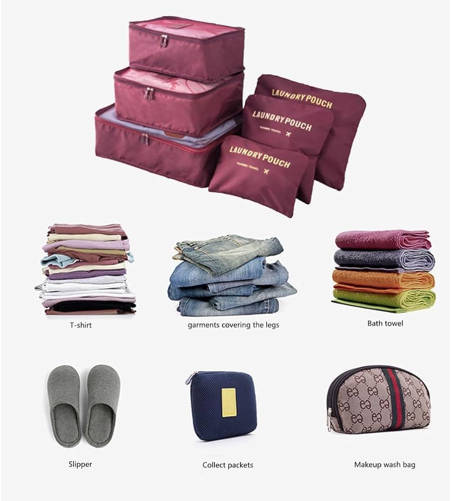 Downtown 6pcs Packing Luggage Bags Organizers, Travel Luggage Packing Organizers Set with Toiletry dark red 6pcs Luggage Organizer Travel Luggage Packing Organizers Set with Toiletry Bag Maroon