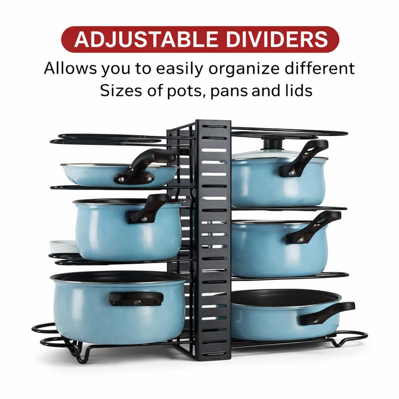 Downtown Adjustable Pot and Pan Organizer Rack Multi Tier Kitchen Cookware Holder for Cabinets Countertops or Upright Storage