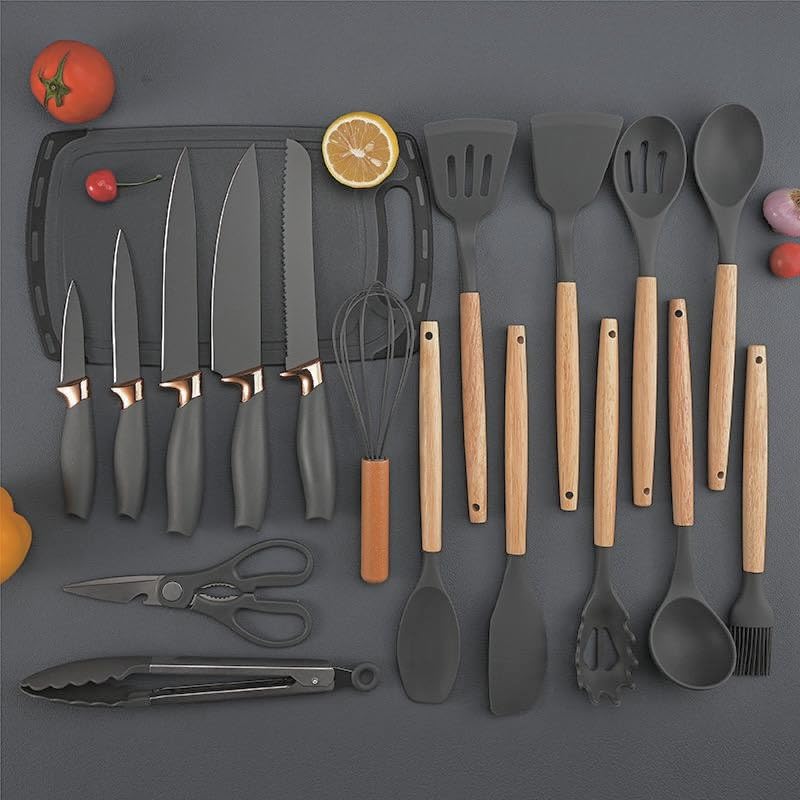 Downtown 19 Piece Kitchen Utensil Set with Knives, Scissors, Whisk, Tongs, Cutting Board and Holders, grey