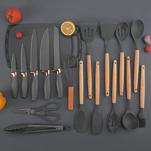 Downtown 19 Piece Kitchen Utensil Set with Knives, Scissors, Whisk, Tongs, Cutting Board and Holders, grey