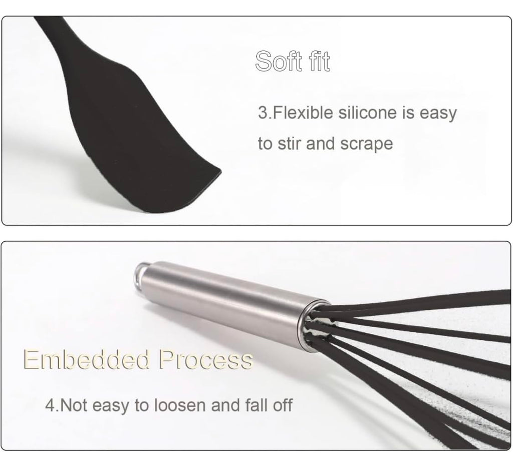 Downtown 5pcs black Cooking Utensils Set, Silicone Slotted Turner, Spatula Spoons for Cookware, Black Cooking Tools Set of 5 Pieces, Silicone Spatulas, Stirrer and Spatula, Mask and Brush