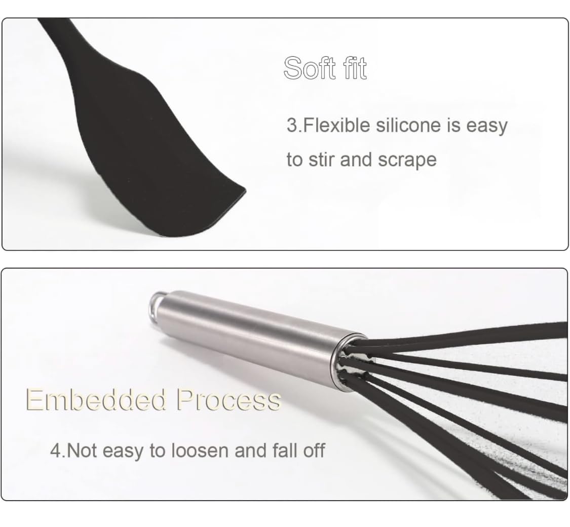 Downtown 5pcs black Cooking Utensils Set, Silicone Slotted Turner, Spatula Spoons for Cookware, Black Cooking Tools Set of 5 Pieces, Silicone Spatulas, Stirrer and Spatula, Mask and Brush