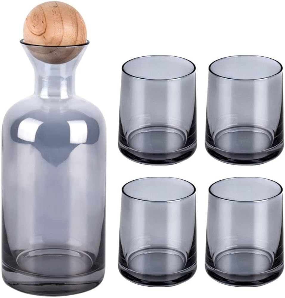 1.2L smoked Glass Bottle، Wooden ball Lid, 4 x 250ml Glass cups, Home Office Drinking, water, Juice, other drinks ‎زجاجة سعة 1.2 لتر و غطاء كروي خشبي، 4 أكواب × 250 مل، المكتب، المنزل، كل المشروبات
