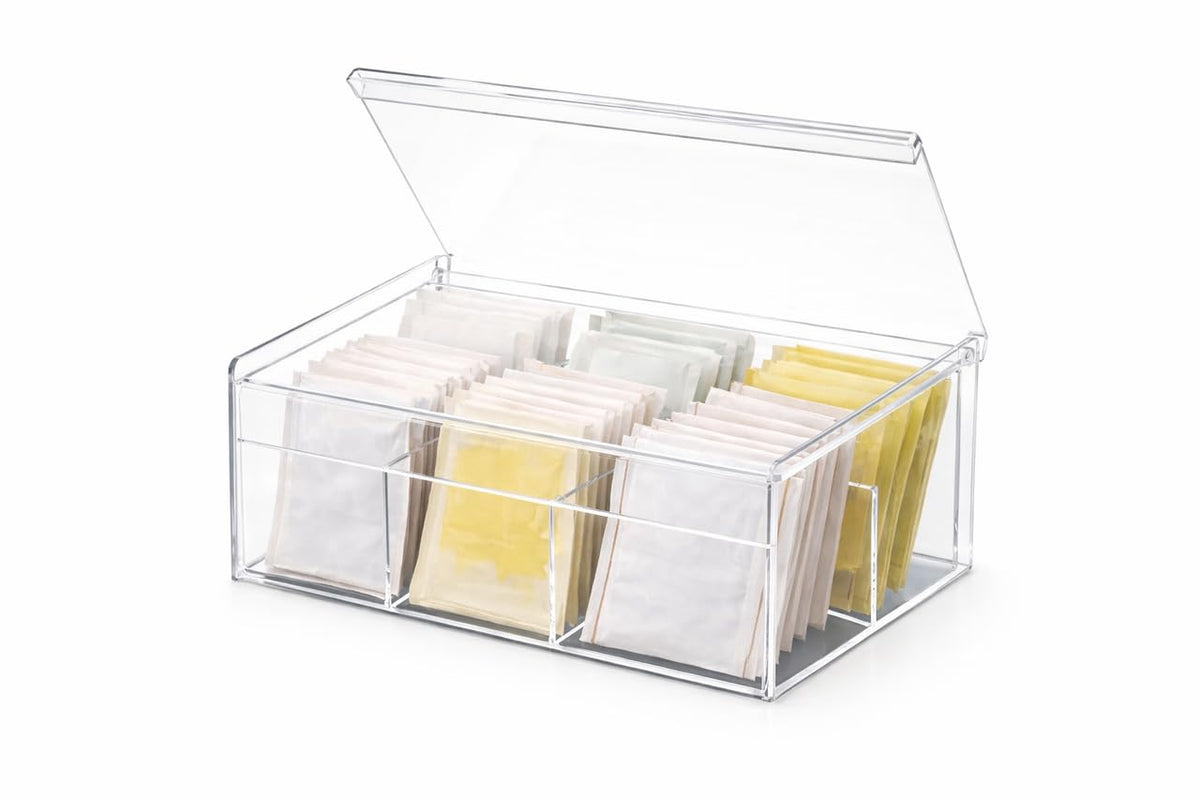 Downtown Acrylic Tea Bag Organizer Box with Lid 4 Compartment Clear Storage Container for Tea Bags Sugar Packets Coffee Pods Kitchen Counter Organizer