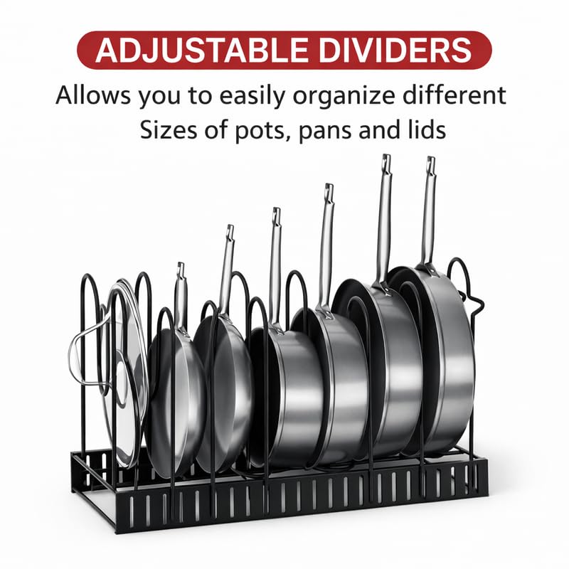 Downtown Adjustable Pot and Pan Organizer Rack Multi Tier Kitchen Cookware Holder for Cabinets Countertops or Upright Storage