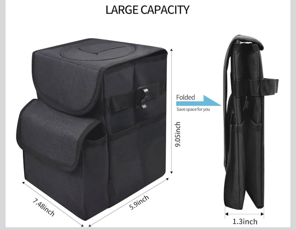 Downtown Car Seat Hanging Trash Bin Organizer Set of 2, Black Foldable Waterproof Storage Bags for Car Back Seat Organization