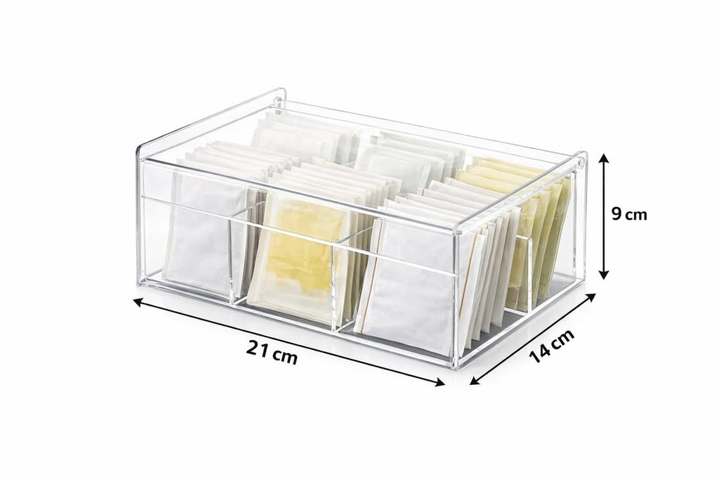 Downtown Acrylic Tea Bag Organizer Box with Lid 4 Compartment Clear Storage Container for Tea Bags Sugar Packets Coffee Pods Kitchen Counter Organizer