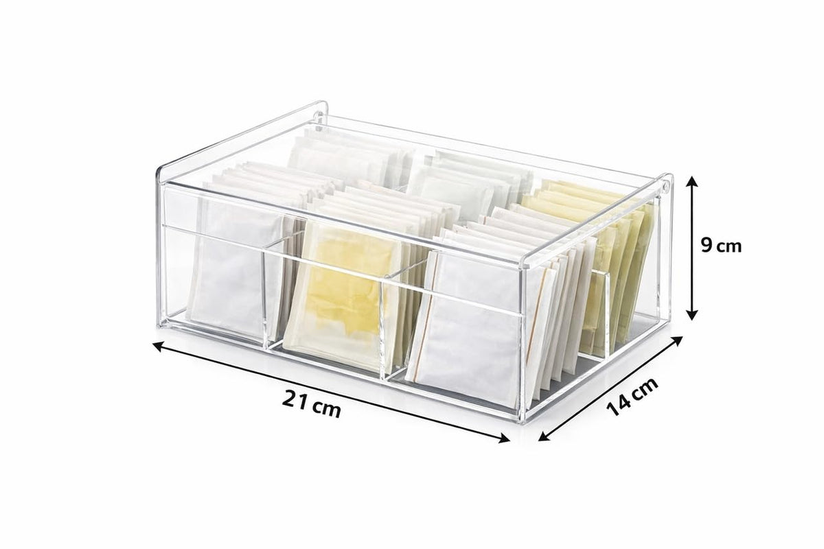 Downtown Acrylic Tea Bag Organizer Box with Lid 4 Compartment Clear Storage Container for Tea Bags Sugar Packets Coffee Pods Kitchen Counter Organizer