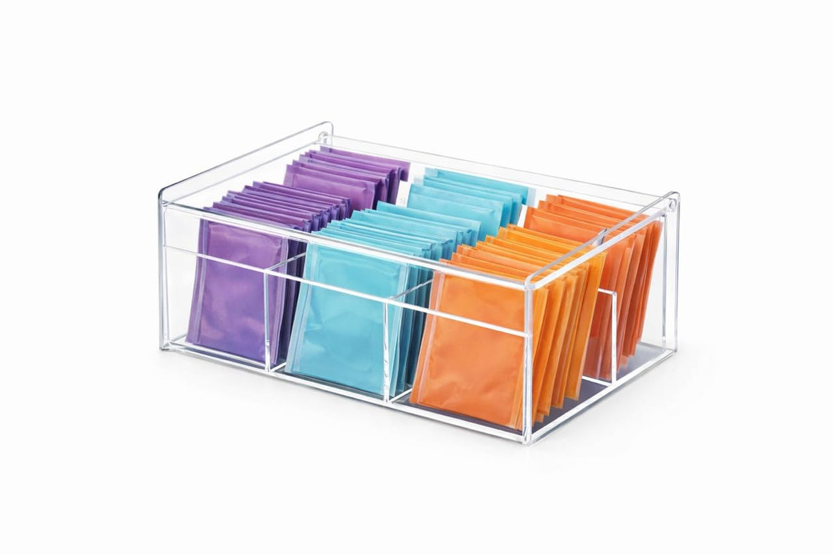 Downtown Acrylic Tea Bag Organizer Box with Lid 4 Compartment Clear Storage Container for Tea Bags Sugar Packets Coffee Pods Kitchen Counter Organizer