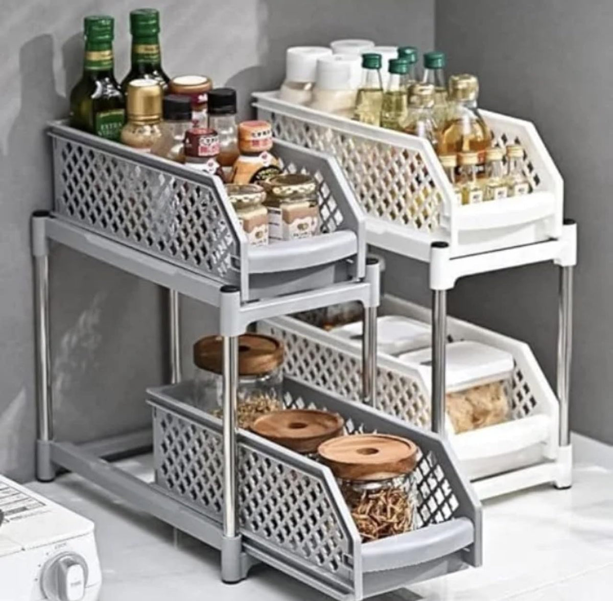 Downtown 2 Tier Sliding Basket Organizer Under Sink Storage Rack and Pull Out Cabinet Drawer for Kitchen and Bathroom White