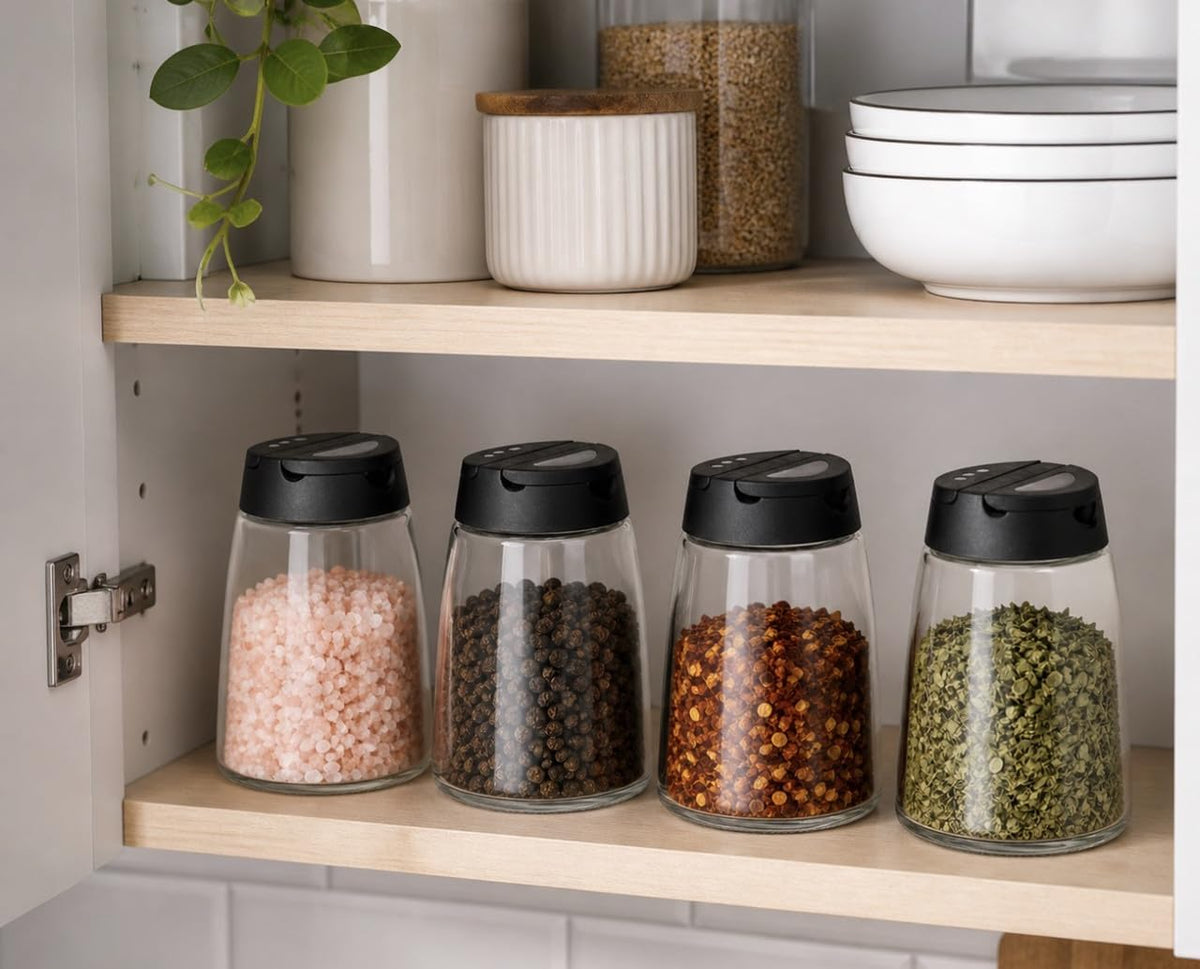 Downtown 4-Piece Glass Spice Jar Set, Kitchen Storage Bottles with Black Lids, Seasoning Container Organizer