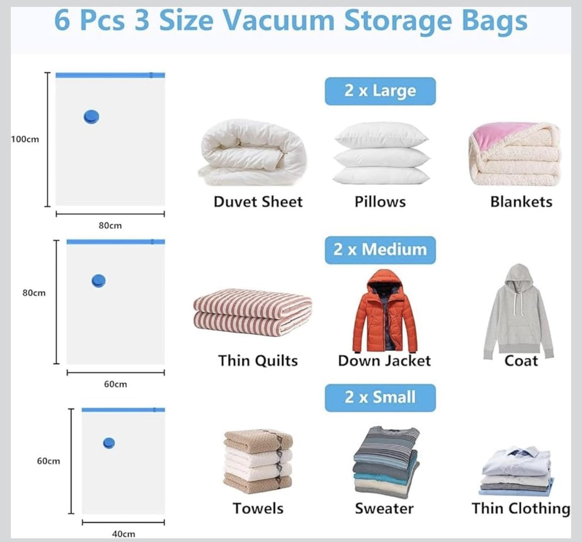 Downtown Vacuum Storage Bags Set Heavy Duty Space Saving Compression Bags for Clothes and Bedding with Manual Hand Pump Mixed Sizes