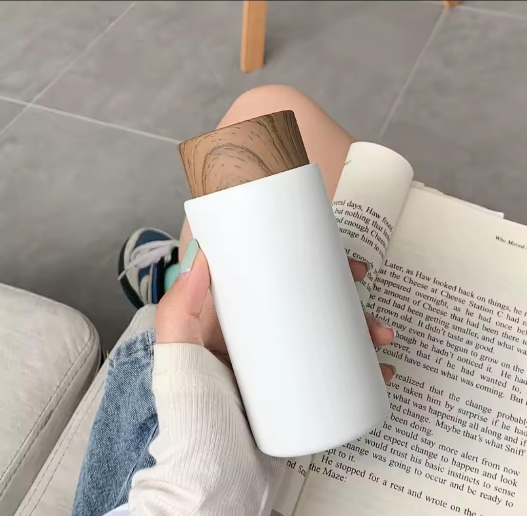 Downtown Insulated Coffee Mug with Wooden Lid, 260ml Stainless Steel Travel Cup, Leak-Resistant Thermal Mug for Hot and Cold Drinks Office Travel and Daily Use (White)