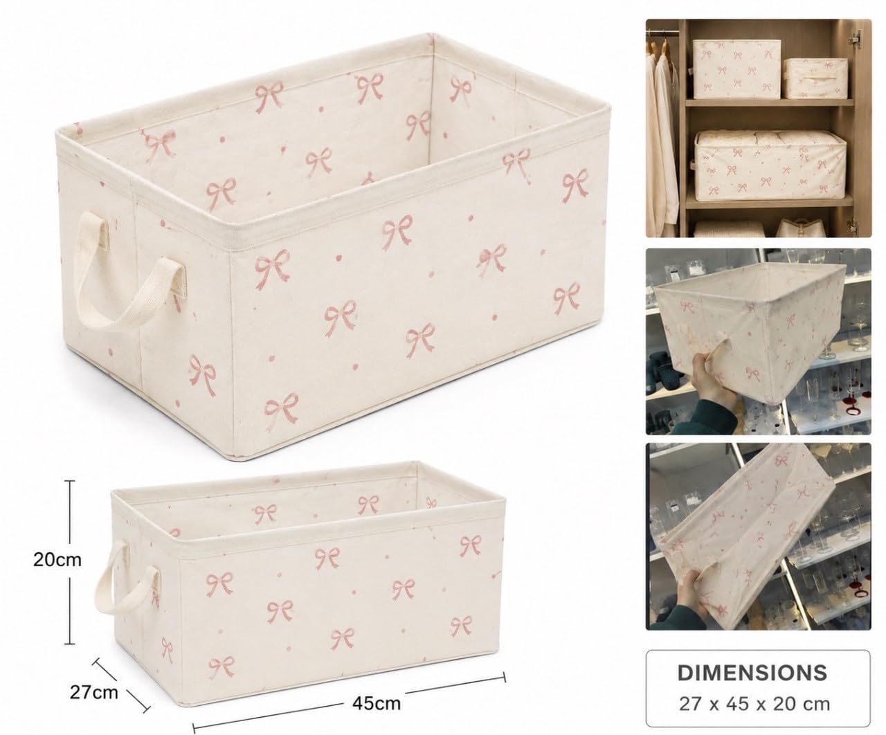 Downtown Foldable Fabric Storage Organizer Box with Handles, Pink Bow Closet Shelf Bin for Clothes Toys Towels and Home Organization