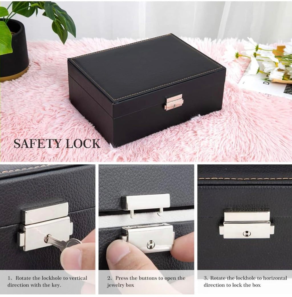 Downtown Black Leather Jewelry Box Organizer with Lock,2-Layer Removable Display Storage Travel Case