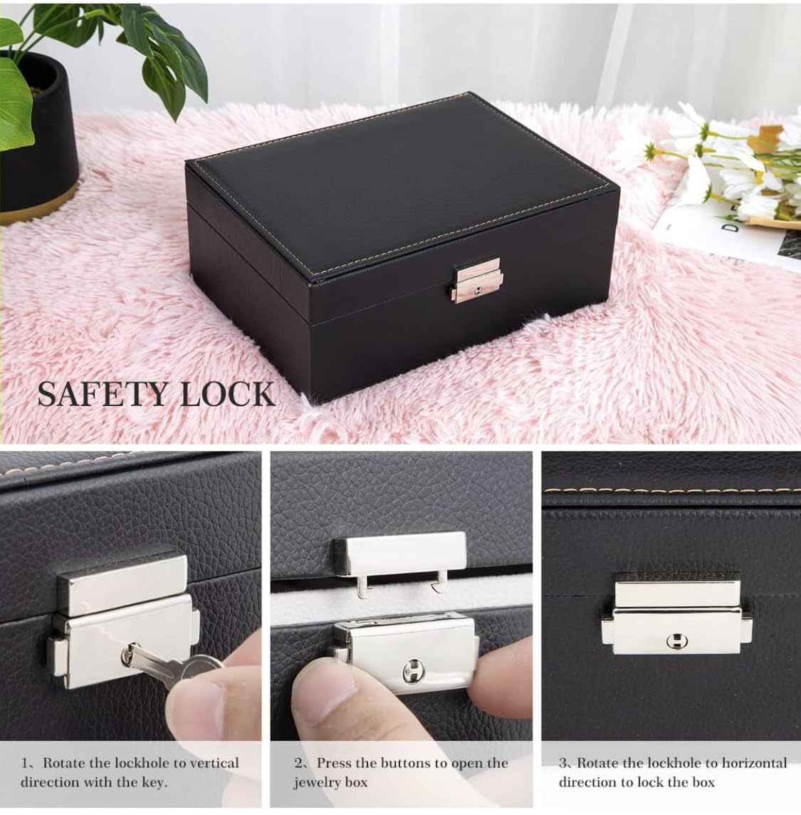 Downtown Black Leather Jewelry Box Organizer with Lock,2-Layer Removable Display Storage Travel Case